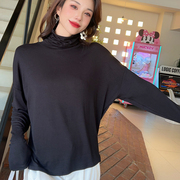 秋冬季韩版大码女装宽松堆堆领上衣纯色弹力棉高领长袖T恤打底衫