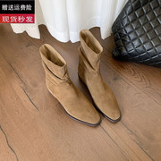 羊皮版~lisa同款韩国方头堆堆，靴2023秋冬牛仔靴女短靴马丁靴