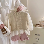 韩系童装2023秋装女童毛衣披肩蕾丝衬衫喇叭裤套装儿童三件套
