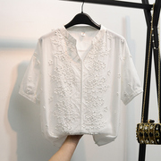 白色刺绣花朵蕾丝衬衫女2023夏季纯棉短袖套头超仙女小衫上衣衬衣