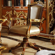 法式新古典纯实木雕刻书桌椅带扶手头层牛皮转椅别墅高端家具定制