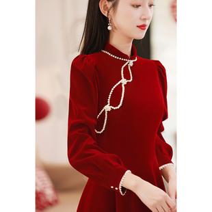 旗袍敬酒服新娘酒红色平时可穿新中式改良丝绒夏季回门订婚连衣裙