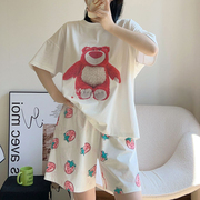草莓熊卡通(熊卡通)可爱甜美小清新夏季女睡衣，短袖短裤纯棉薄款可外穿套装