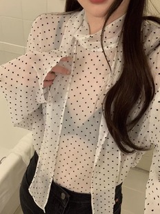 Exclusive type韩国小众设计波点透视系带领结后拉链雪纺衬衫上衣