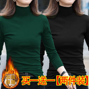 双面德绒半高领打底衫秋冬季纯色韩版长袖T恤女修身加绒内搭上衣