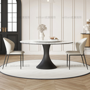 意式中古风圆形餐桌法式现代简约小户型家用8人黑色复古岩板圆桌
