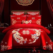 婚庆四件套大红全棉刺绣结婚龙凤，喜庆中式套件，纯棉新婚房床上用品