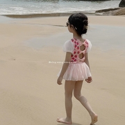 儿童泳衣女童短袖露背分体半身，纱裙泳衣套装小草莓公主裙式比基尼