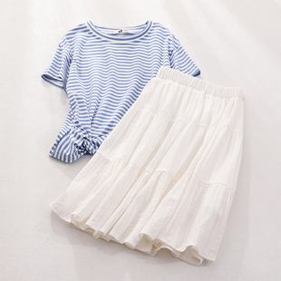 女童套装夏季纯棉套裙儿童条纹短袖白色半裙两件套洋气中大童