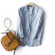 衬肤天蓝色一粒扣薄款纯色外套，2023清爽气质七分袖西装小西服