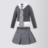 女童学院风灰色套装儿童拼接衬衫领假两件上衣西装a字半裙两件套