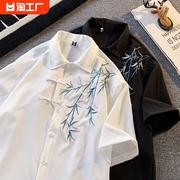 新中式国风竹子刺绣短袖衬衫，男夏季设计感唐装，道袍宽松五分袖衬衣