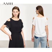 amii2024夏一字(夏一字)领露肩荷叶袖雪纺，衫女优雅小众设计感法式上衣