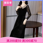 雅丽堡黑色丝绒连衣裙秋季高端法式赫本风蕾丝袖拼接显瘦裙子