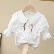女童夏款刺绣衬衣甜美娃娃，翻领上衣蕾丝，韩版洋气泡泡中袖白色衬衫