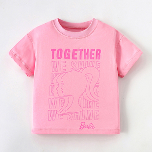 女童粉红色字母短袖t恤宝宝，上衣儿童纯棉夏装婴幼儿pink半袖体恤7