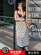 法式蕾丝吊带连衣裙女夏季2024韩系甜美提花镂空无袖长裙套装