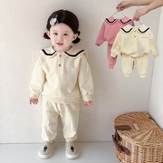 女宝宝秋装套装娃娃领海军风，衣服小童学院风卫衣两件套儿童童装