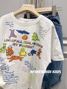 23SS 儿童涂鸦动物园短T日系DD前后卡通印花男女童短袖T恤夏