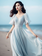 浅蓝色雪纺连衣裙法式气质女神范高级感飘逸仙女度假长裙子女夏季