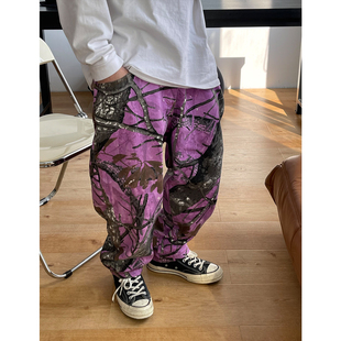 原宿街头趣味树叶迷彩紫色锥形小脚裤工装裤男嘻哈街舞小众休闲裤