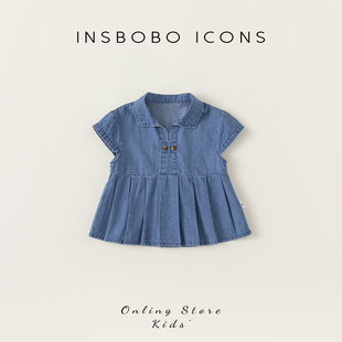 INSbobo女童牛仔衬衫时尚翻领女宝短袖娃娃衫洋气时髦儿童上衣