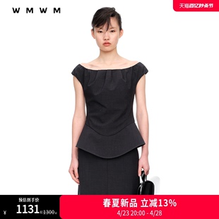 WMWM2024春夏设计感时尚气质记忆格纹褶裥一字肩收腰上衣