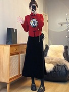 新中式国风红色毛衣套装冬装搭配一整套本命年新年战袍裙子两件套
