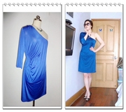 外贸原单 欧美大牌 优雅宝蓝色斜肩设计高端丝质连衣裙