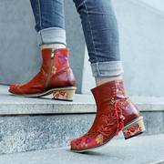 时尚欧美羊皮短靴圆头粗跟花纹民族风红色女靴大码女鞋西部靴