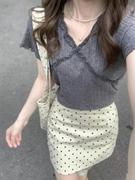 韩系两件套夏季温柔气质花边V领短袖T恤简约波点包臀半身裙套装女