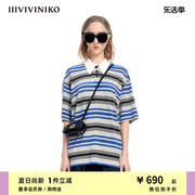 iiiviviniko夏季学院风，休闲条纹polo领短袖t恤女m320549337d