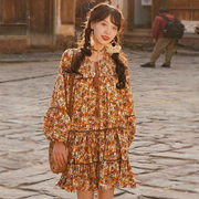 小个子圆领套头娃娃裙，民族风波西米亚，复古印花宽松度假长袖连衣裙