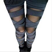 Mesh hollowed out patchwork leggings女纯色网纱拼接镂空打底裤