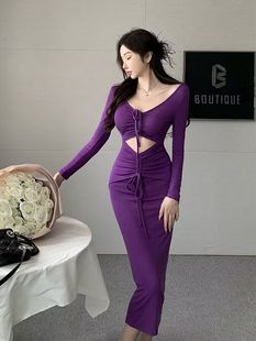 性感紫色v领连衣裙女镂空露腰紧身包臀裙冬季显瘦气质御姐范长裙(范长裙)