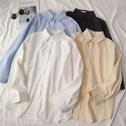 纯色大码女装200斤宽松长袖衬衫，学生春季韩版设计感衬衣上衣