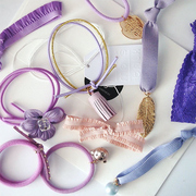 韩国原版梦幻紫色蕾丝波点花朵珍珠打结流苏发绳皮筋金属发圈发饰