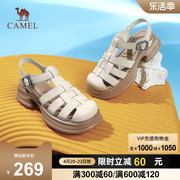骆驼女鞋2024夏季真皮，复古镂空包头编织粗跟厚底罗马鞋凉鞋女