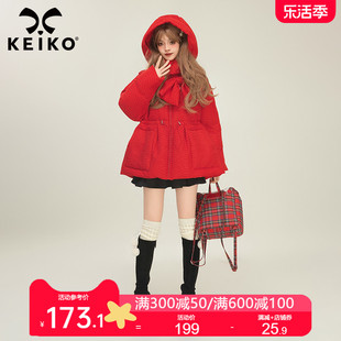 KEIKO 红色蝴蝶结饰显瘦斗篷型棉服加厚冬季新年系列连帽棉衣外套