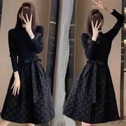 黑色连衣裙女神范裙子秋冬长袖法式显瘦高级感假两件套礼服蓬蓬裙