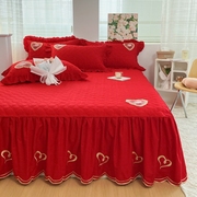 夹棉床裙大红色单件全棉加厚床裙罩花边床罩款三四件套结婚庆