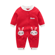 女宝宝满月服红色秋季纯棉，百天新生儿连体衣，婴儿可爱0-9个月衣服