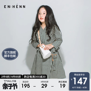 enhenn童装女童黑白格子连衣裙春秋长袖儿童公主裙宝宝裙子