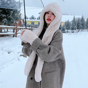 黎宿冬季獭兔毛皮草帽子，围巾一体风雪帽，保暖护耳防风户外连帽围巾
