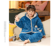 女童睡衣三层夹棉冬季套装，女孩宝宝加厚保暖珊瑚，绒儿童棉袄家居服
