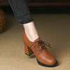 棕色复古圆头深口单鞋，女2024春季真皮，系带高跟鞋女粗跟7.5cm