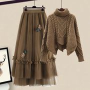 冬季小个子针织毛衣搭配冬天裙子网纱半身裙港风套装女复古两件套