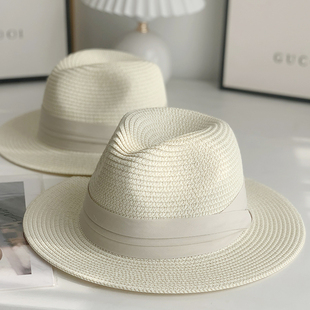 夏季可折叠白色平宽檐男女亲子草帽巴拿马礼帽遮阳帽子情侣沙滩帽
