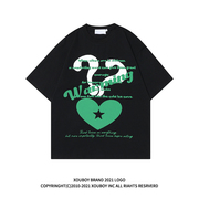 cuwu欧美嘻哈黑色宽松短袖t恤女2024夏季绿色，的心设计感上衣