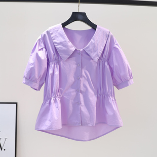 浅紫色收腰棉布衬衫女气质显瘦短袖衬衣2022夏季韩版百搭小衫上衣